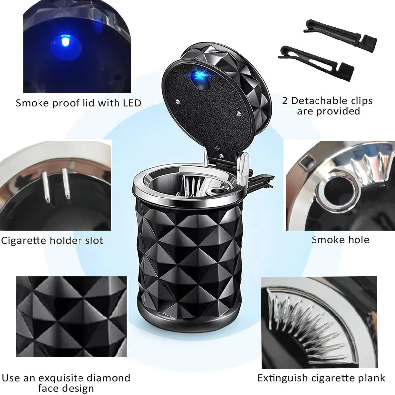 Cenicero para Coche de Corte de Diamante con Luces LED y Resistencia a Alta Temperatura