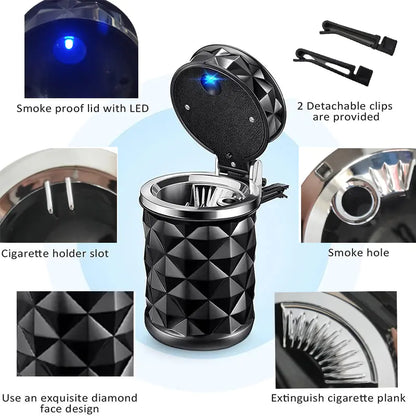 Cenicero para Coche de Corte de Diamante con Luces LED y Resistencia a Alta Temperatura